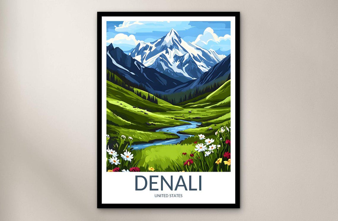 Denali Alaska Snow Peak Meadow Wildflowers Summer Travel Poster