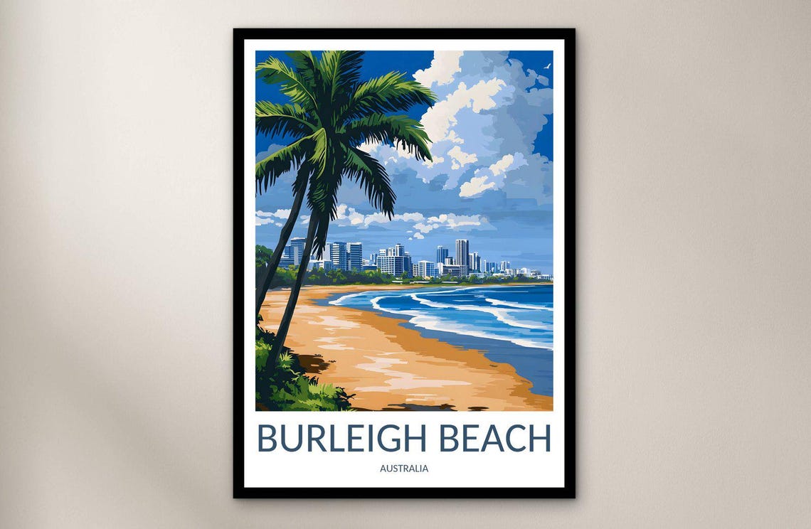 Burleigh Beach Australia Palm Tree Skyline Retro Travel Poster