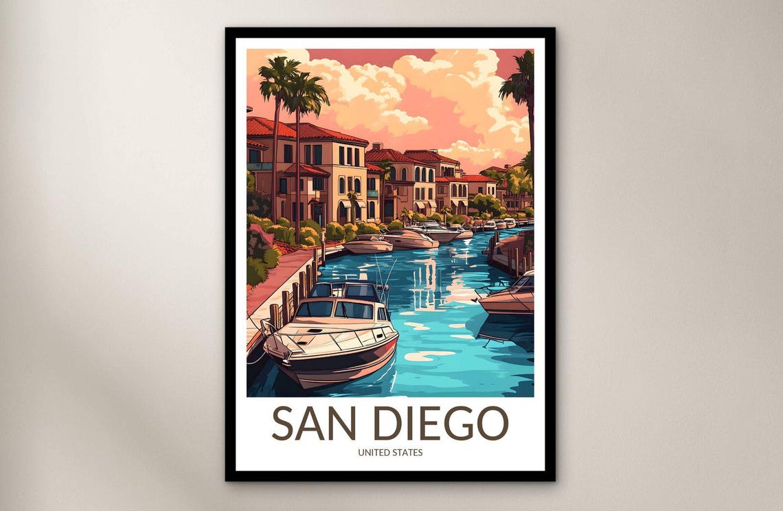 San Diego Marina Boats Palm Trees Sunset Harbor Travel Poster Art