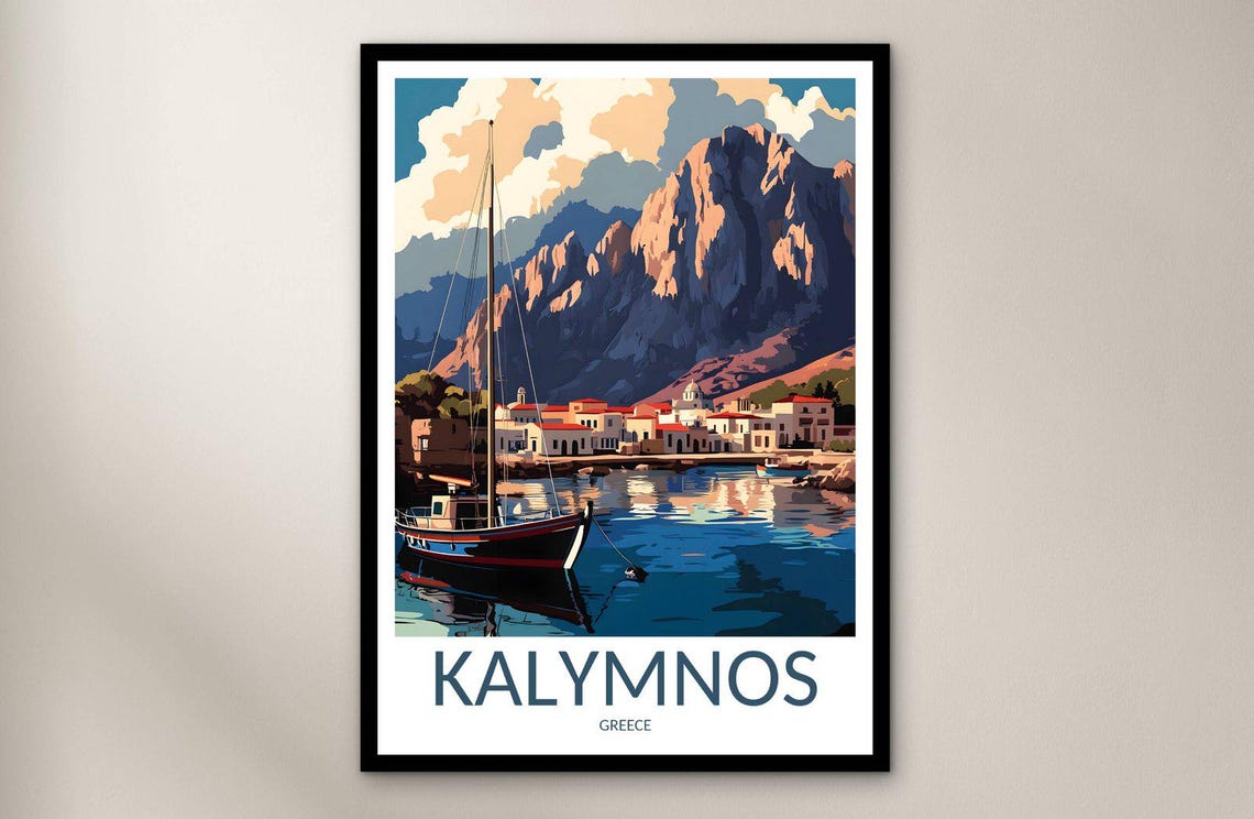 Kalymnos Greece Harbor Boat Mountains Aegean Island Travel Poster