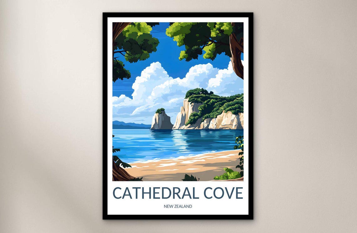 Cathedral Cove New Zealand Sea Cliffs Beach Rock Arch Poster
