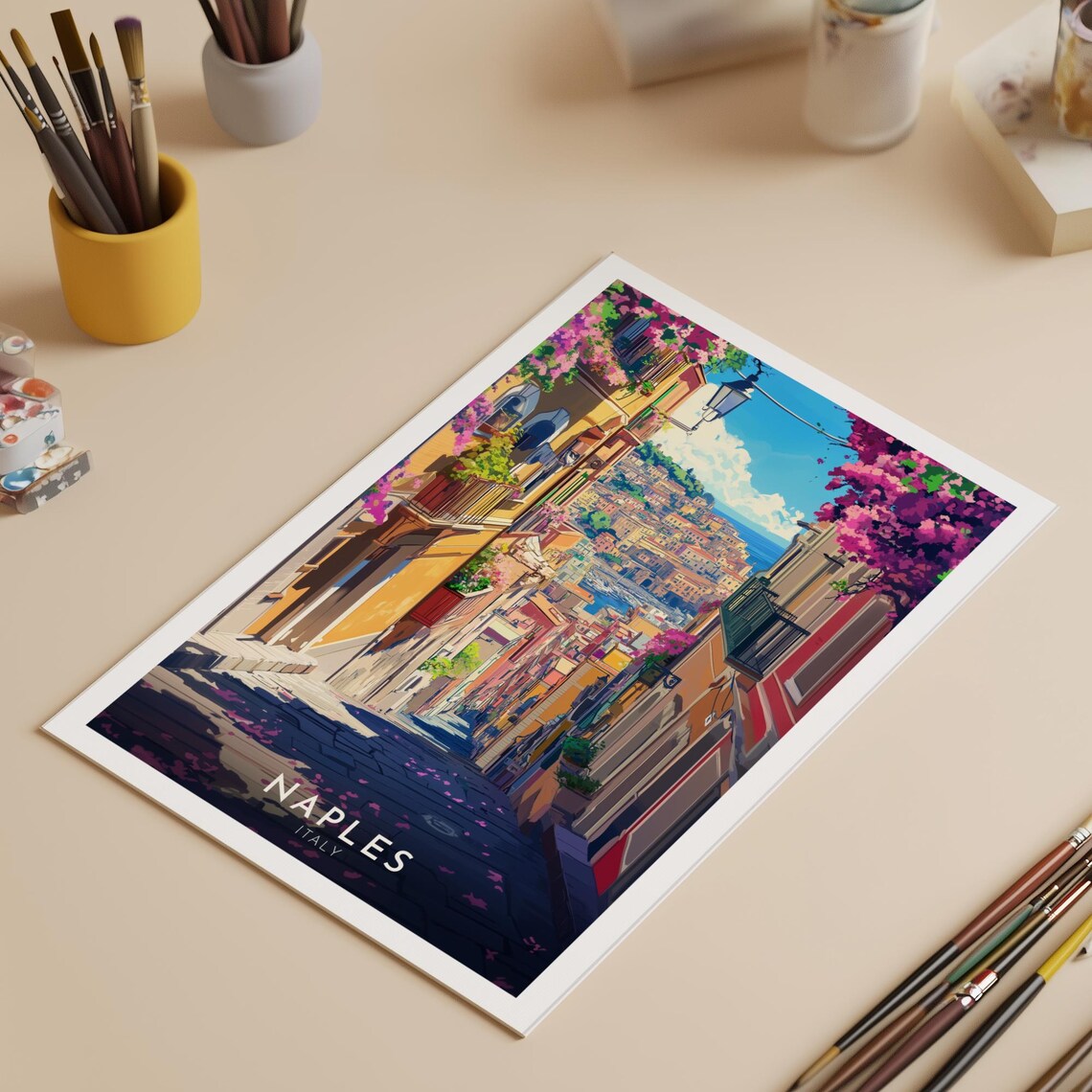 Naples Italy Flowered Street Down to Sparkling Bay Travel Poster - Image 2