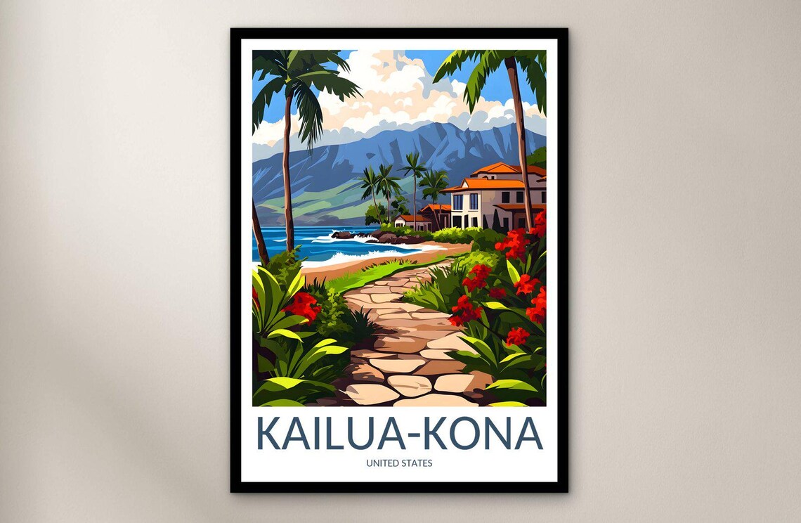 Kailua Kona Hawaii Palm Beach Stone Path Mountain Retro Travel Poster