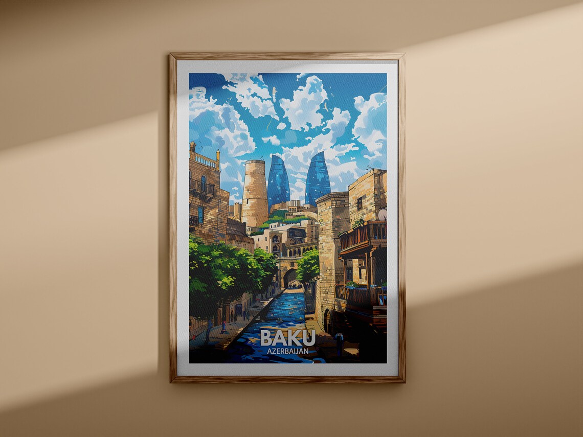 Baku Azerbaijan Old City Maiden Tower Flame Towers Travel Poster - Image 3