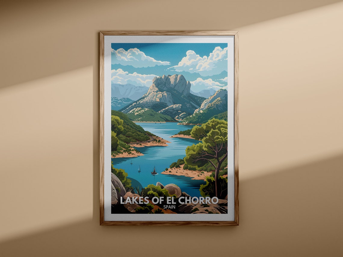 Lakes of El Chorro Spain Blue Lake Cliffs Sailboats Travel Poster - Image 3