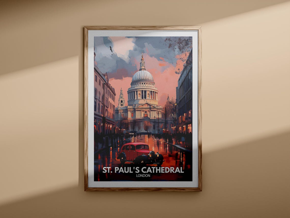 St Pauls Cathedral London Sunset Vintage Red Car Travel Poster - Image 3