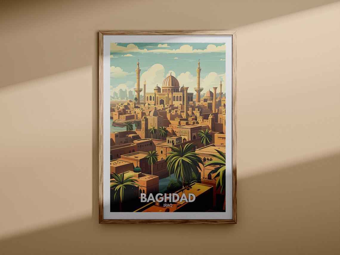 Baghdad Iraq Mosques Minarets Palm Trees Vintage Travel Poster - Image 3