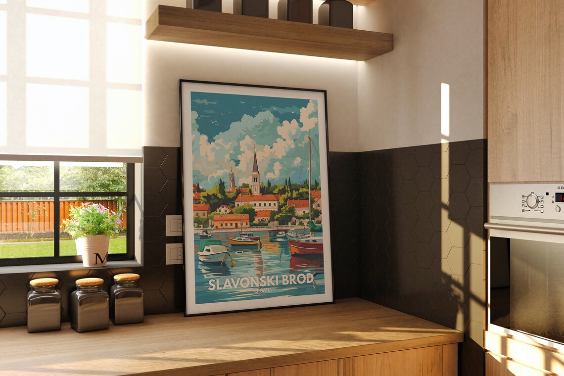 Slavonski Brod Croatia Charming Harbor Boats and Church Spire Poster - Image 2