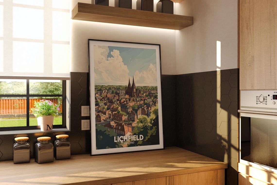 Lichfield England Cathedral Twin Spires Townscape Travel Poster - Image 2