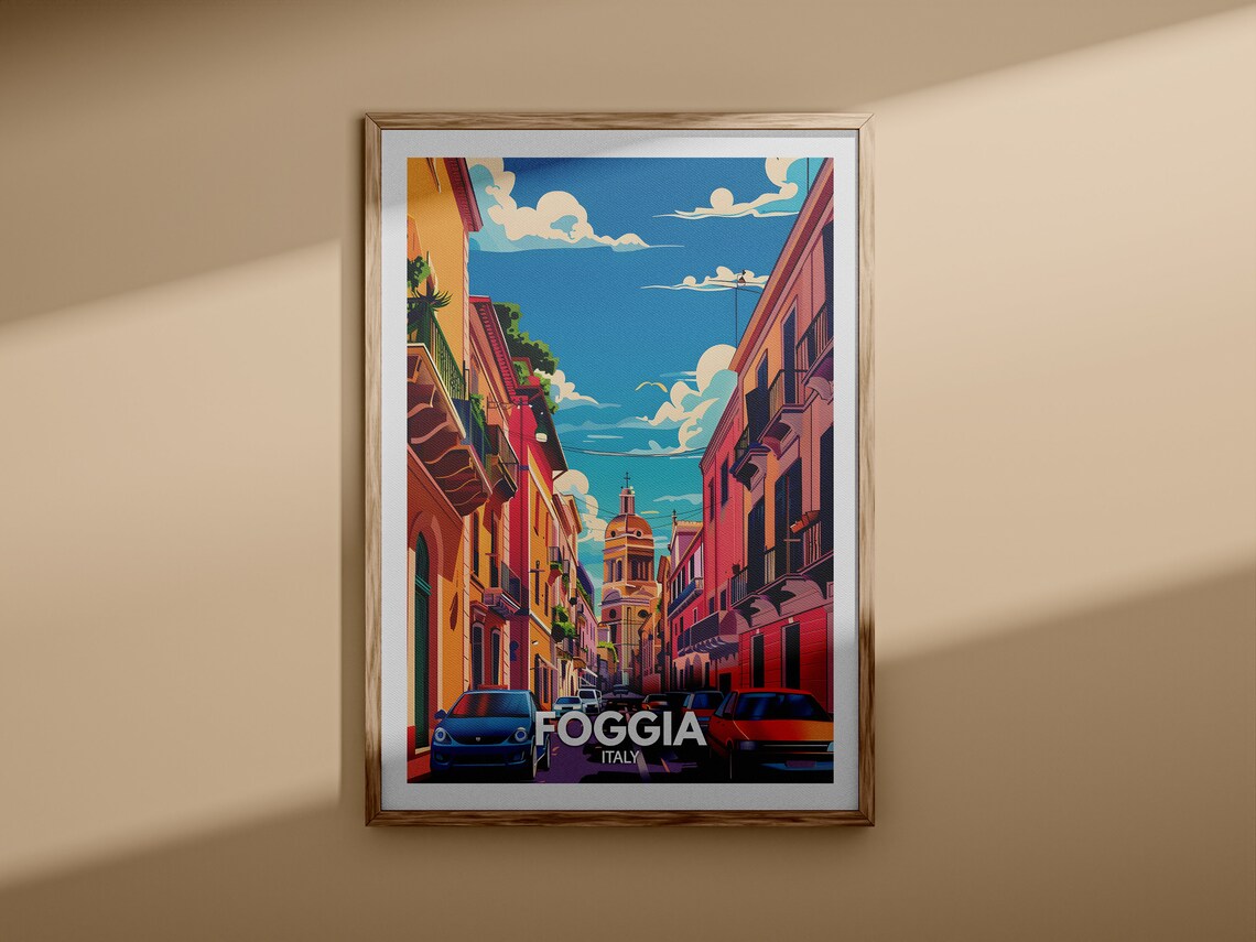 Foggia Italy Sunlit Old Town Street Church Tower Vintage Travel Poster - Image 3
