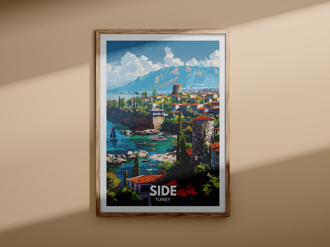 Side Turkey Ancient Harbor Ruins Blue Bay Retro Travel Poster - Image 3