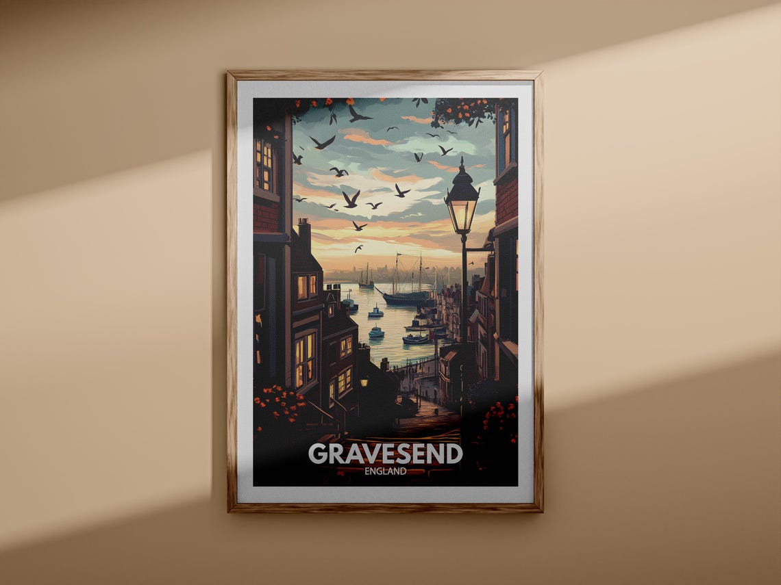 Gravesend England Sunset Harbor Ships Gull Vintage Style Poster - Image 3