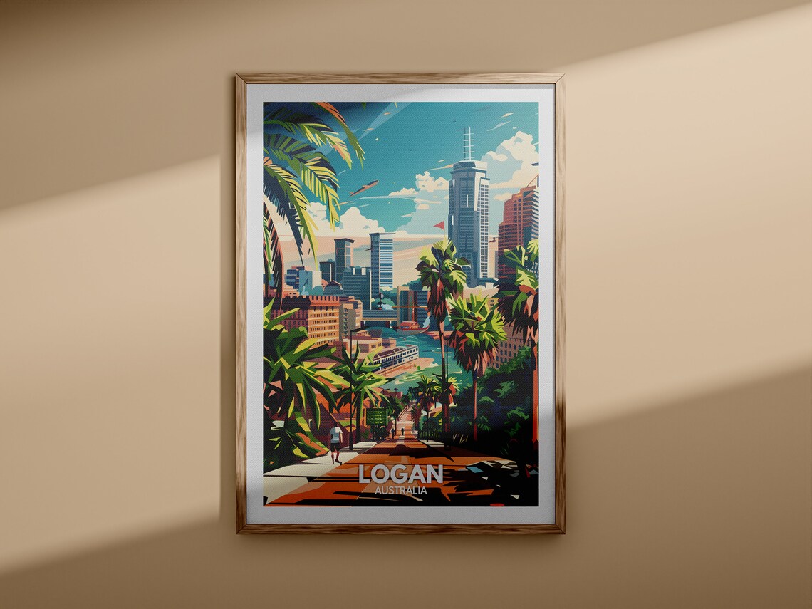 Logan Australia Palm Trees and City Skyline Vintage Travel Poster - Image 3