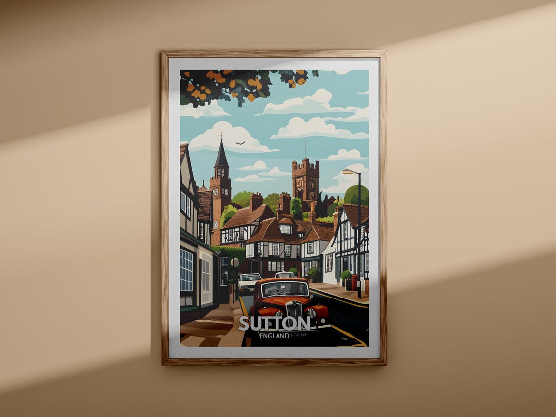 Sutton England Tudor High Street with Vintage Red Car Travel Poster - Image 3