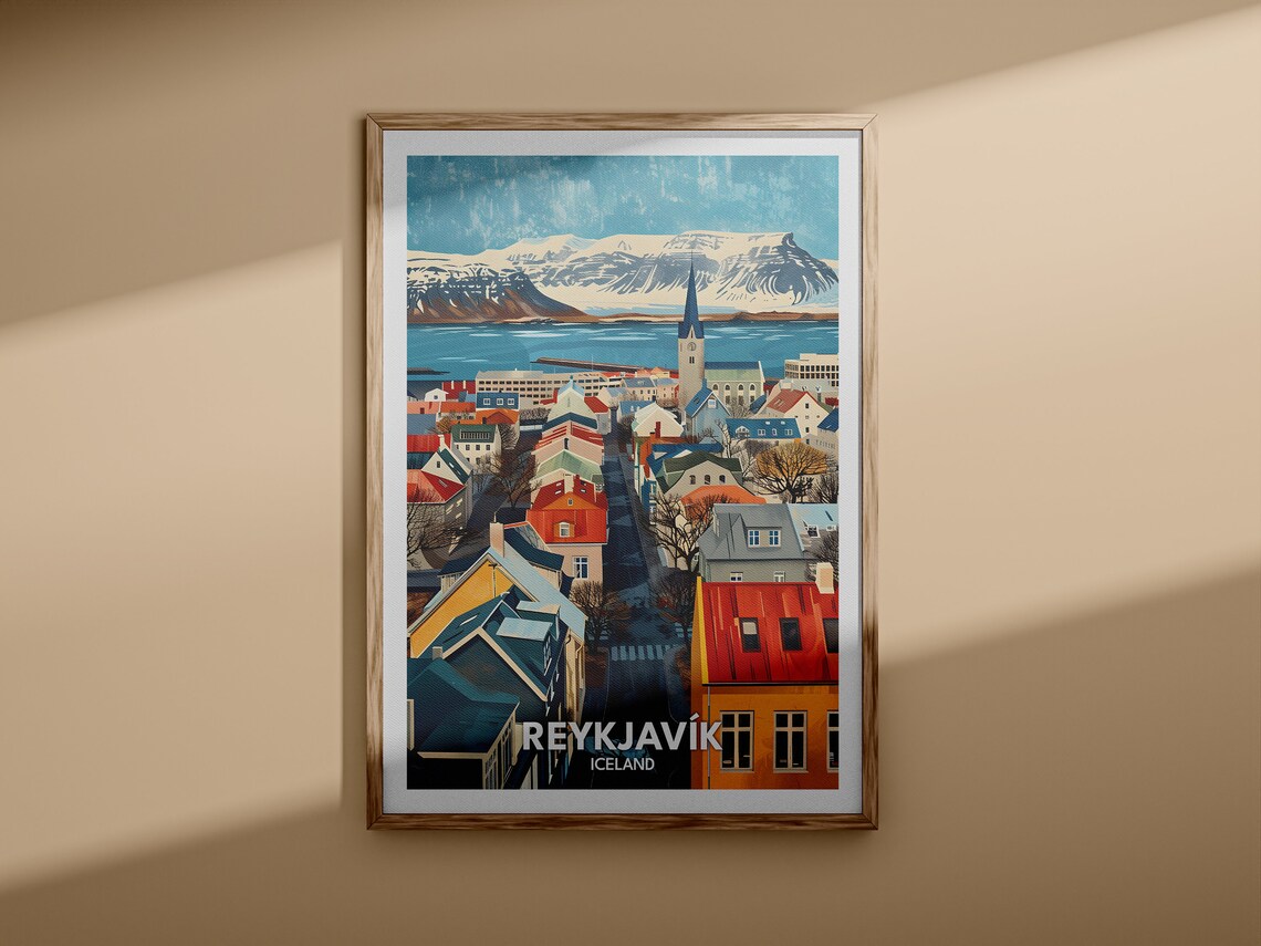 Reykjavik Iceland Cityscape Poster Colorful Old Town Winter Mountain Art - Image 3