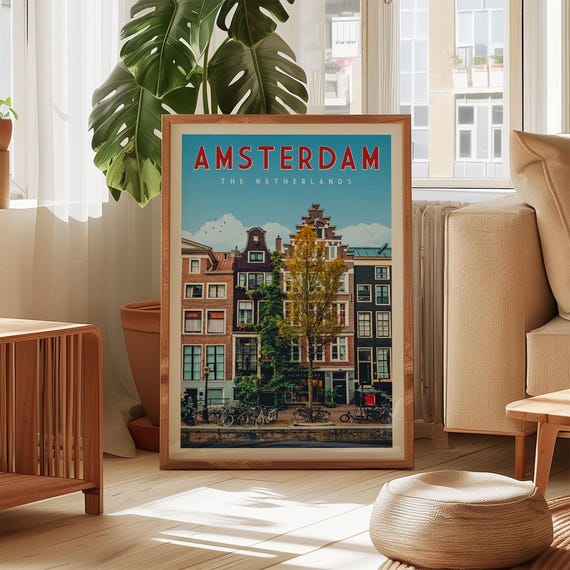 Amsterdam Travel Poster, Holland City Skyline Art Print