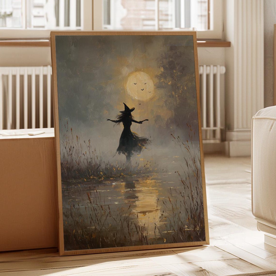 Witch Silhouette Moonlit Marsh Atmospheric Halloween Art Poster