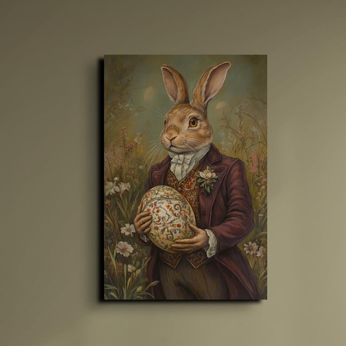 Victorian Rabbit in Burgundy Coat Holding Decorated Egg Poster
