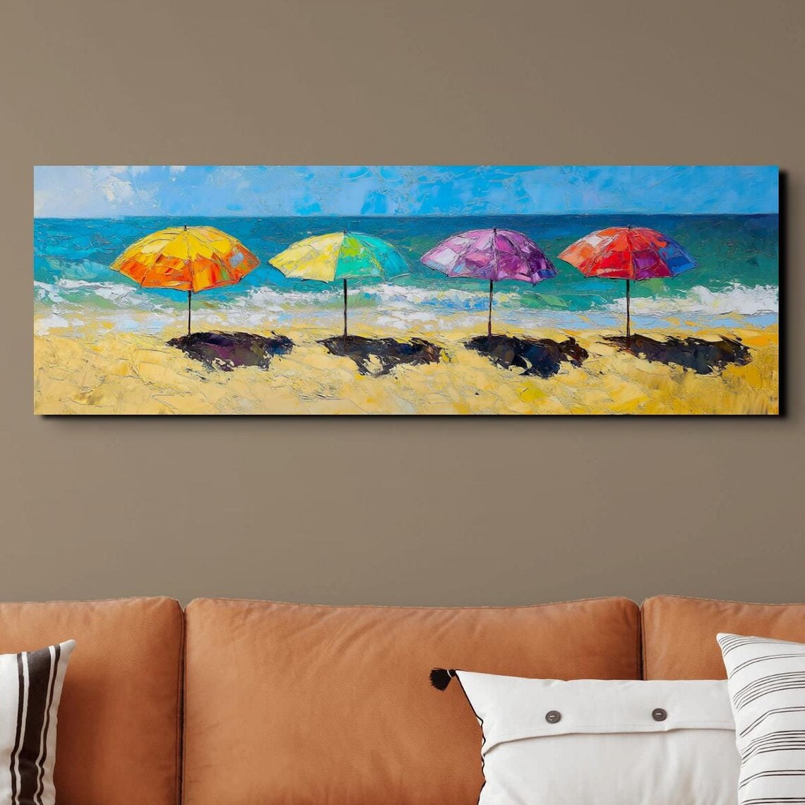 Beach Parasols Oil Painting, Panoramic Art Print
