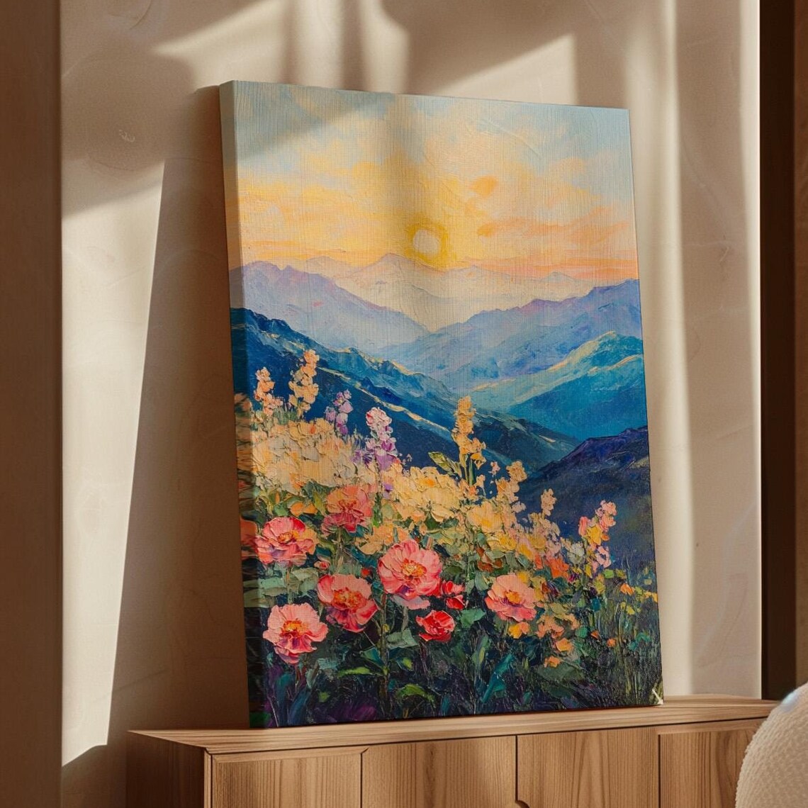 Sunlit Mountain Meadow Wildflowers Golden Sunrise Landscape Poster