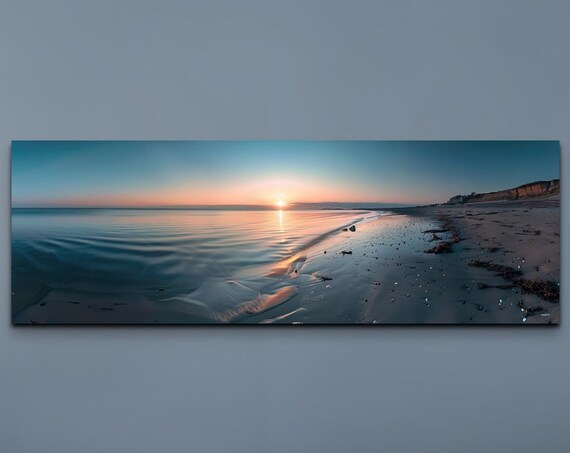 Sunrise Over Calm Ocean Shoreline Wet Sand Reflections Wall Art