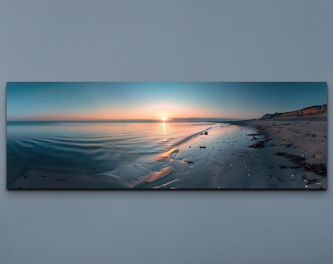 Sunrise Over Calm Ocean Shoreline Wet Sand Reflections Wall Art