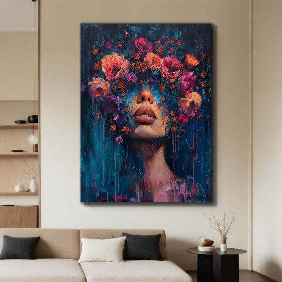Blooming Dreams Portrait Floral Face Art Surreal Flower Canvas Vibrant Abstract Painting Expressionist Wall