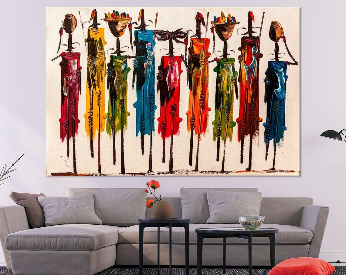 Colorful Abstract African Tribal Figures Ethnic Folk Art Canvas Poster