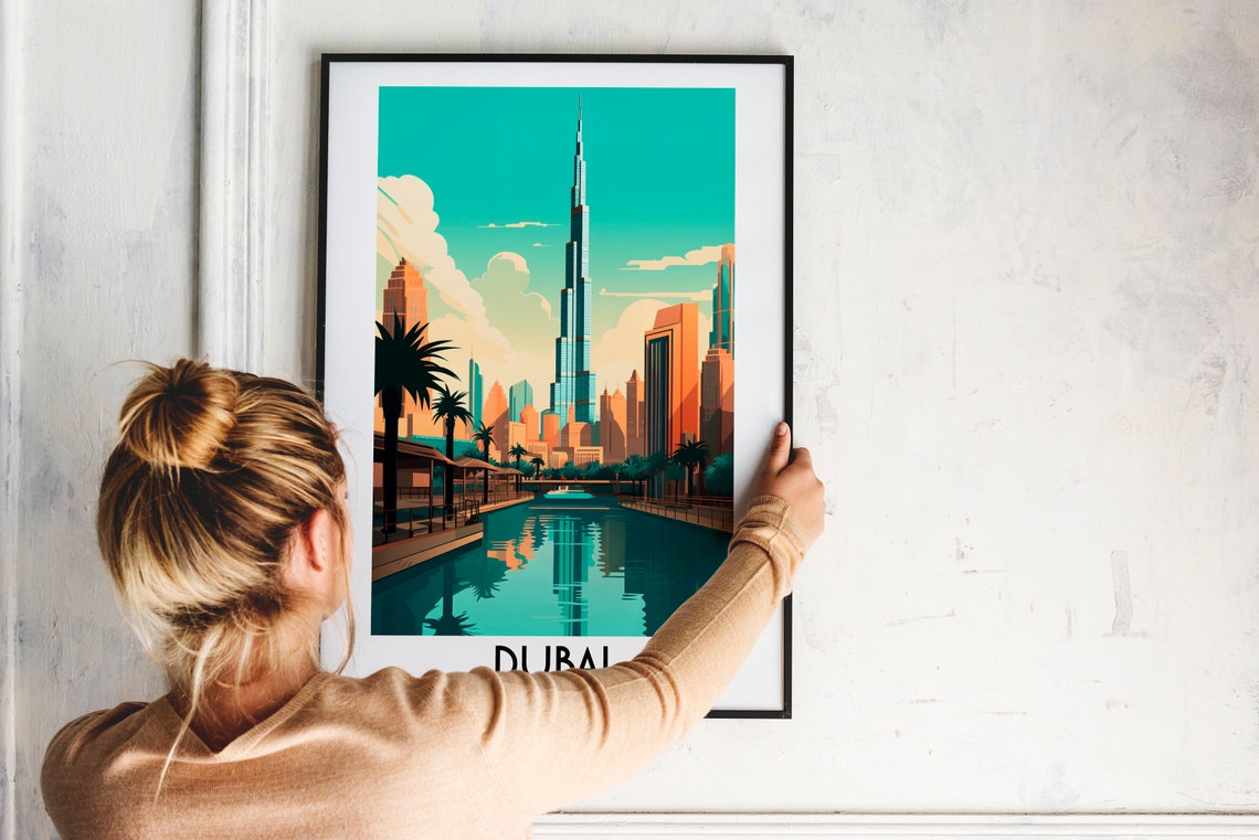 Dubai UAE Burj Khalifa Canal Skyline Vintage Travel Art Poster - Image 2