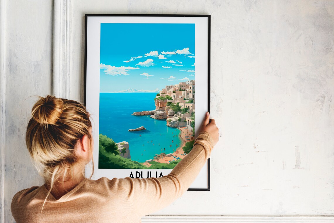 Apulia Italy Cliffside Coastal Town Azure Sea Retro Travel Poster - Image 2