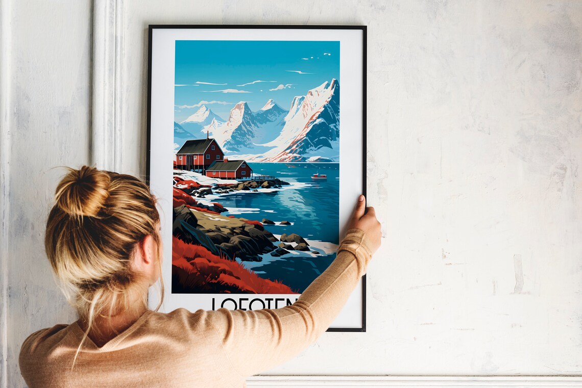 Lofoten Norway Red Cabins Snowy Peaks Fjord Vintage Travel Poster - Image 2
