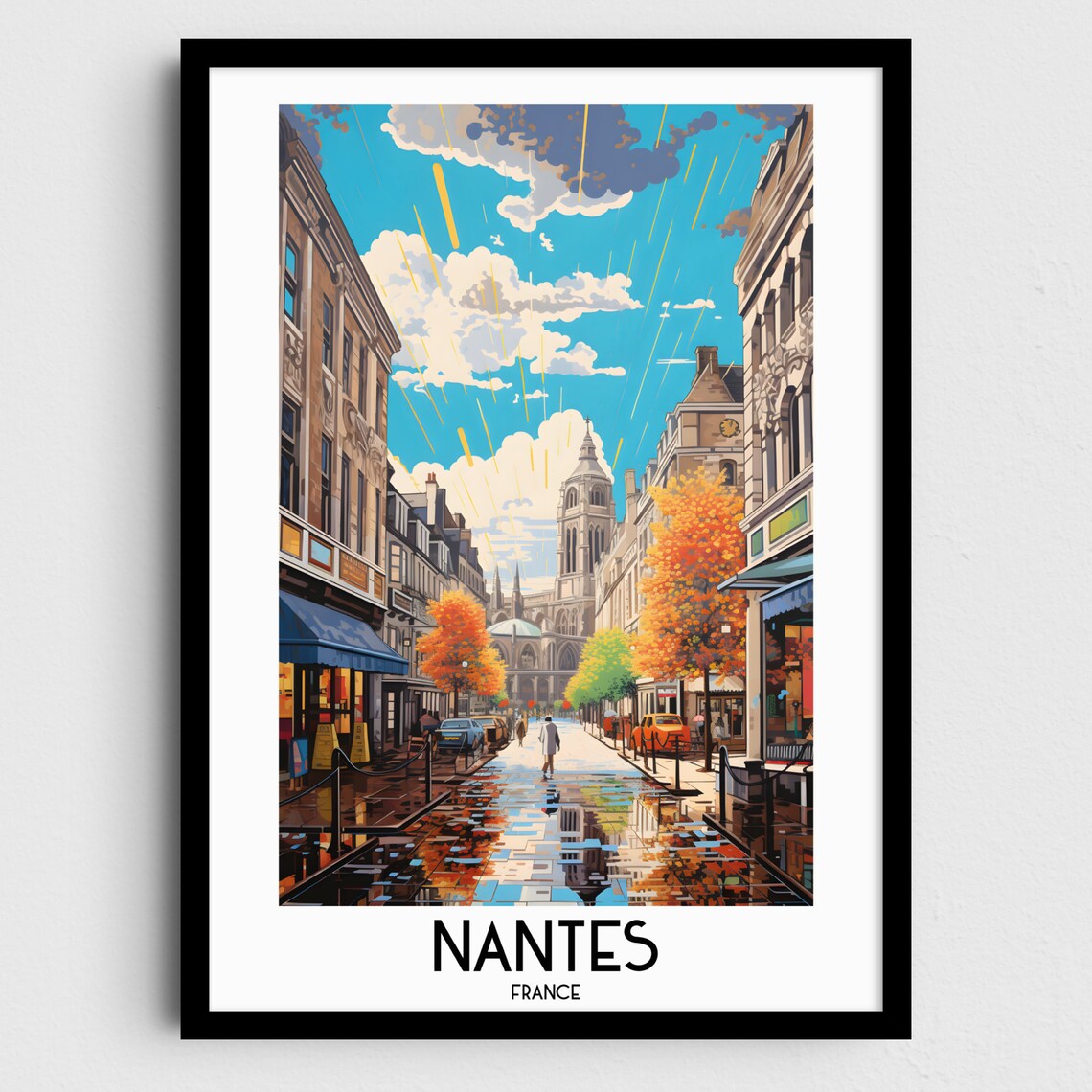Nantes France Autumn Old Town Street Rain Reflection Travel Poster