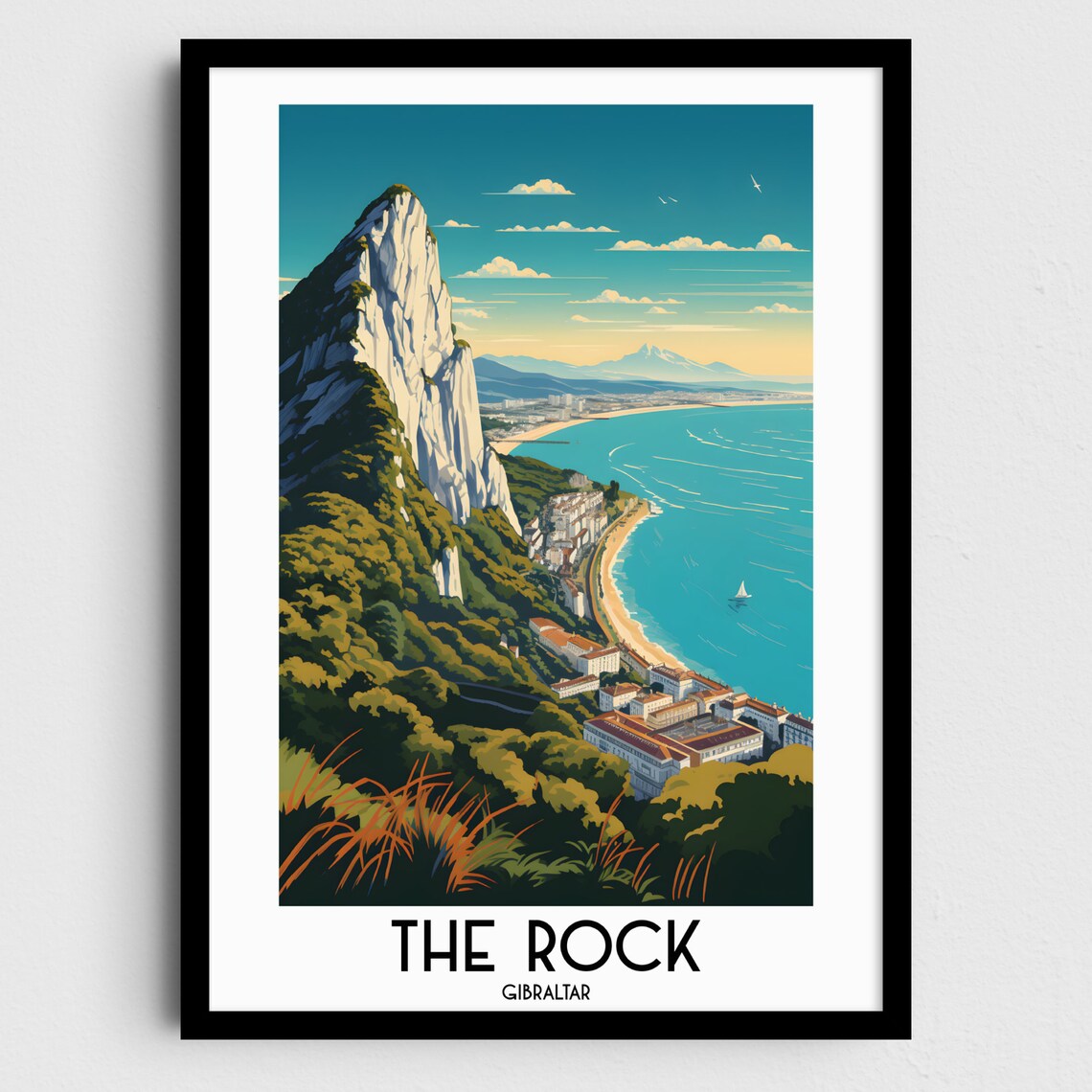 The Rock of Gibraltar Bay Town View Vintage Travel Art Poster