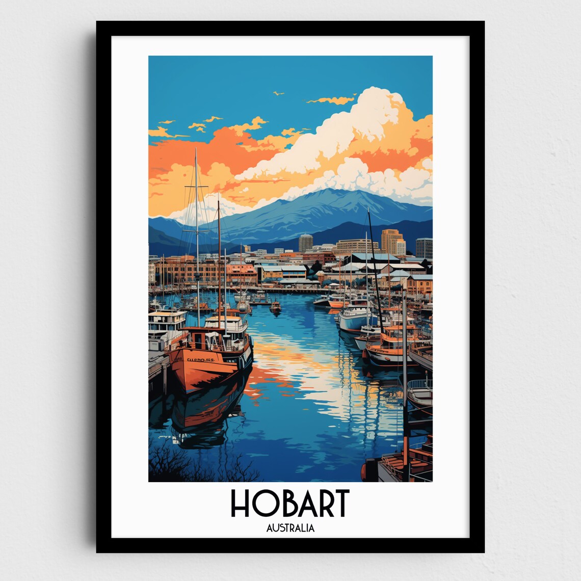 Hobart Australia Harbor Sunset Boats Mountain View Travel Poster