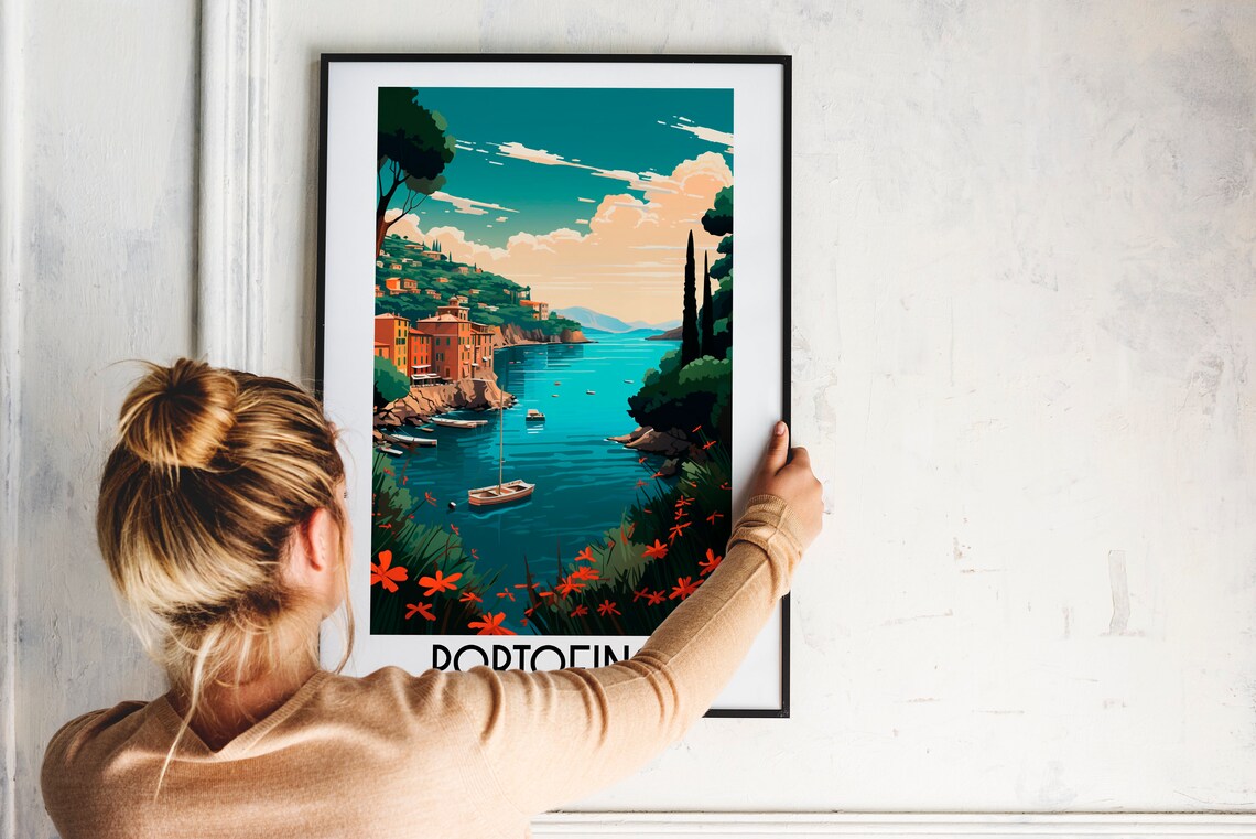 Portofino Italy Rocky Cove Sailboat Flowers Waterfront Travel Poster - Image 2