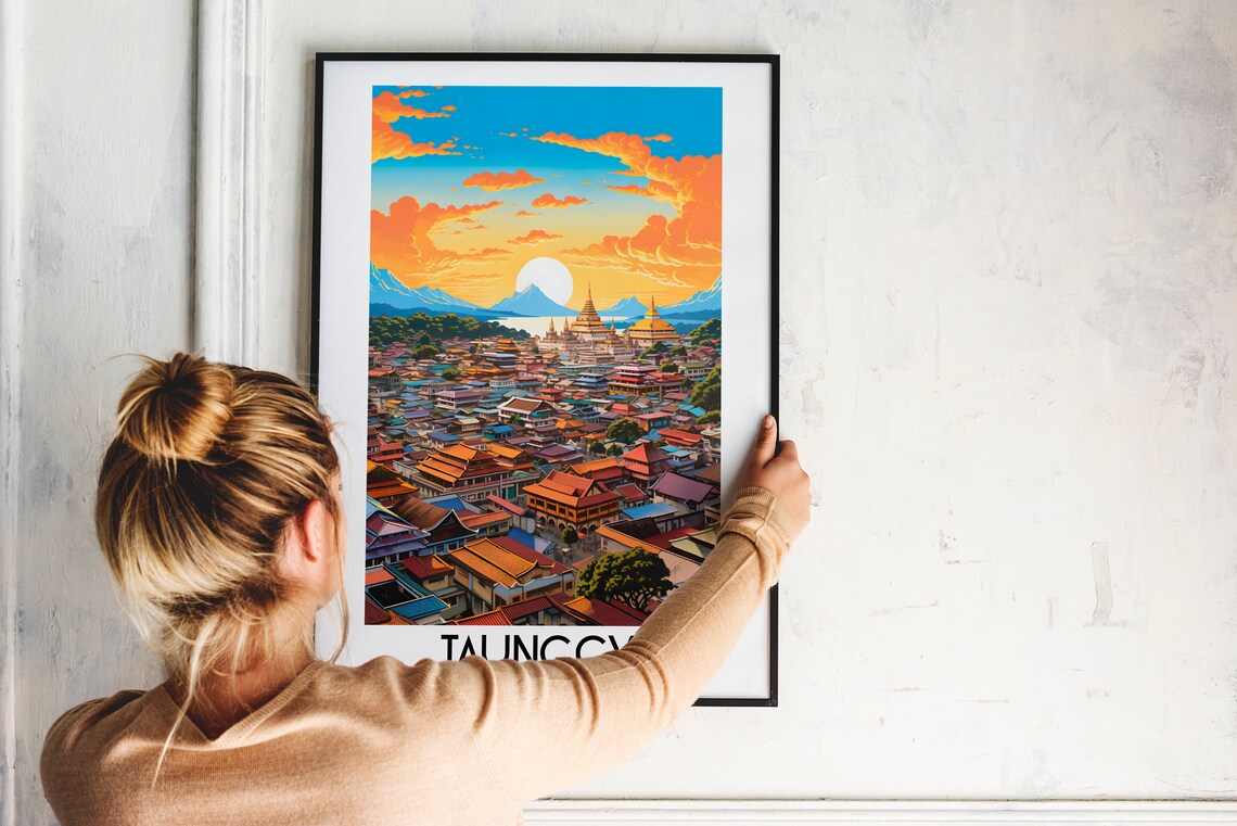 Taunggyi Myanmar Golden Pagoda Sunset Cityscape Temple Travel Poster - Image 2