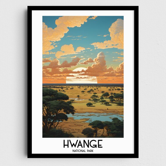 Hwange Savanna Sunset Acacia Trees Waterhole National Park Travel Poster