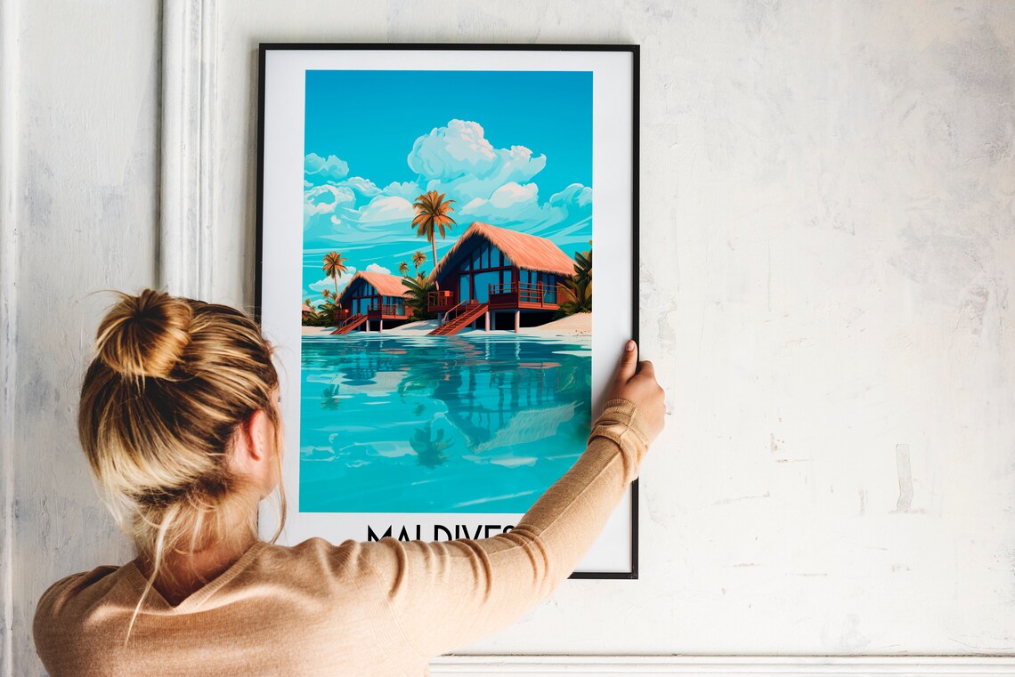 Maldives Overwater Villa Turquoise Lagoon Vintage Travel Art Poster - Image 2