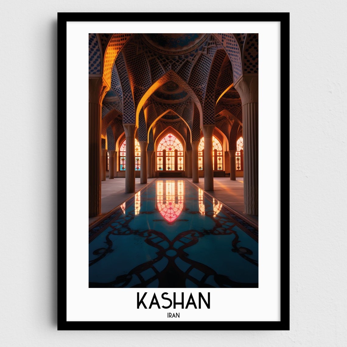 Kashan Iran Mosque Prayer Hall Stained Glass Reflection Travel Poster