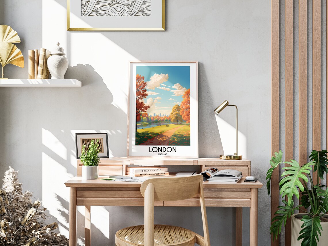 London England Autumn Park Path City Skyline Golden Fall Travel Poster - Image 3
