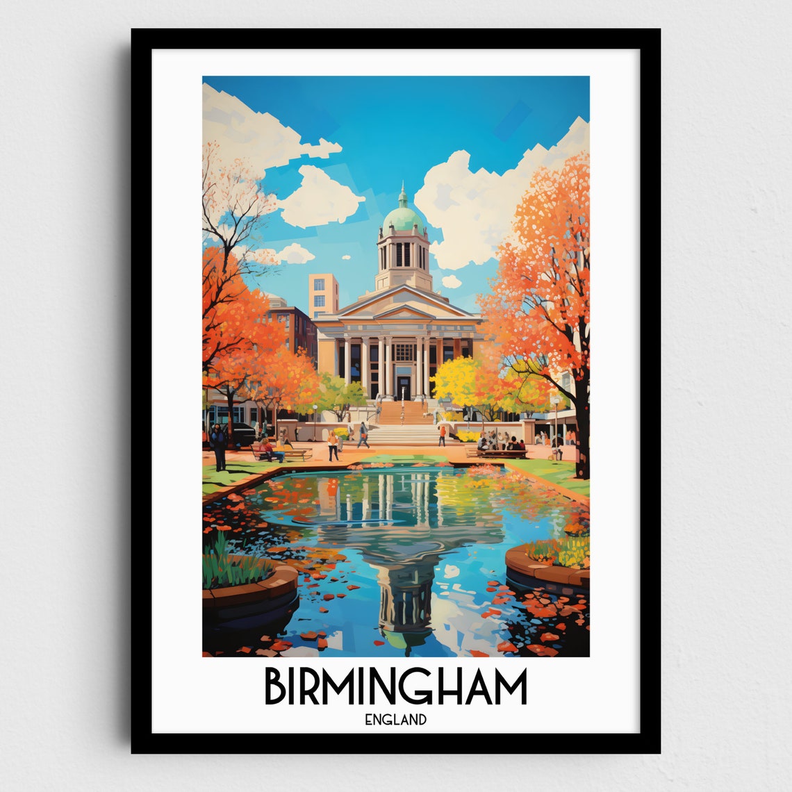 Birmingham England Historic Building Autumn Pond Reflection Poster