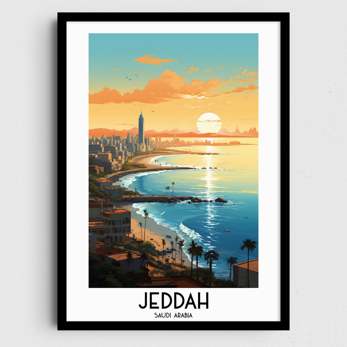 Jeddah Saudi Arabia Corniche Sunset Palm Beach Travel Poster