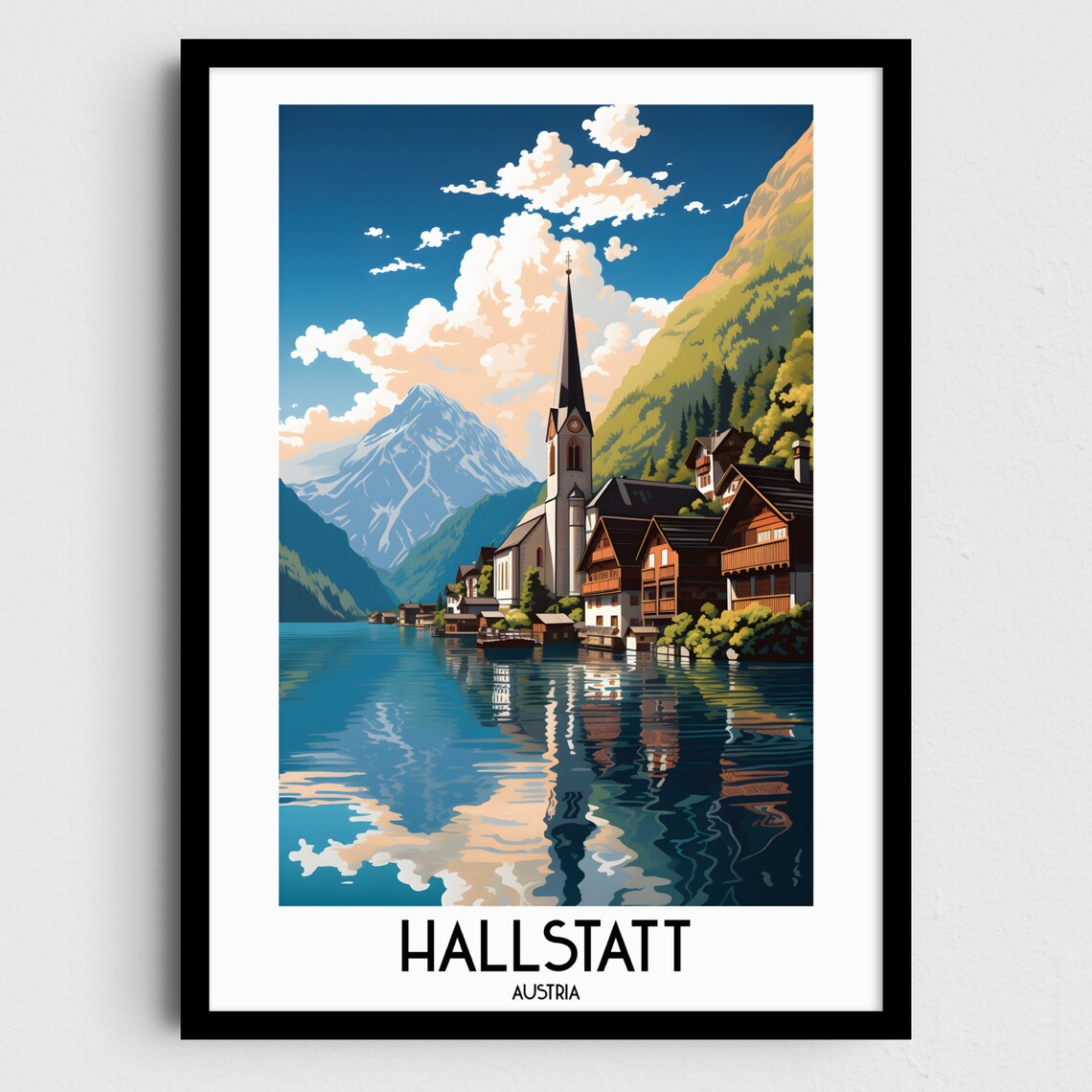 Hallstatt Austria Alpine Lake Village Church Day Travel Poster