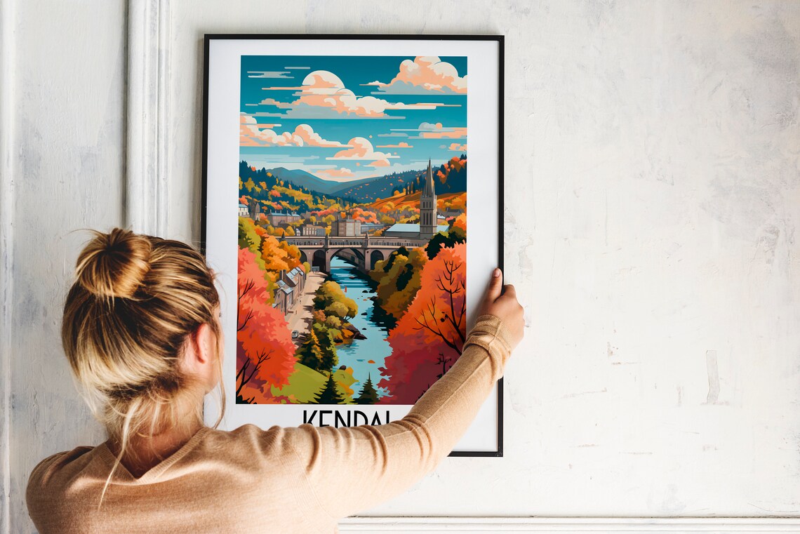 Kendal England River Bridge Church Autumn Hills Travel Poster - Image 2