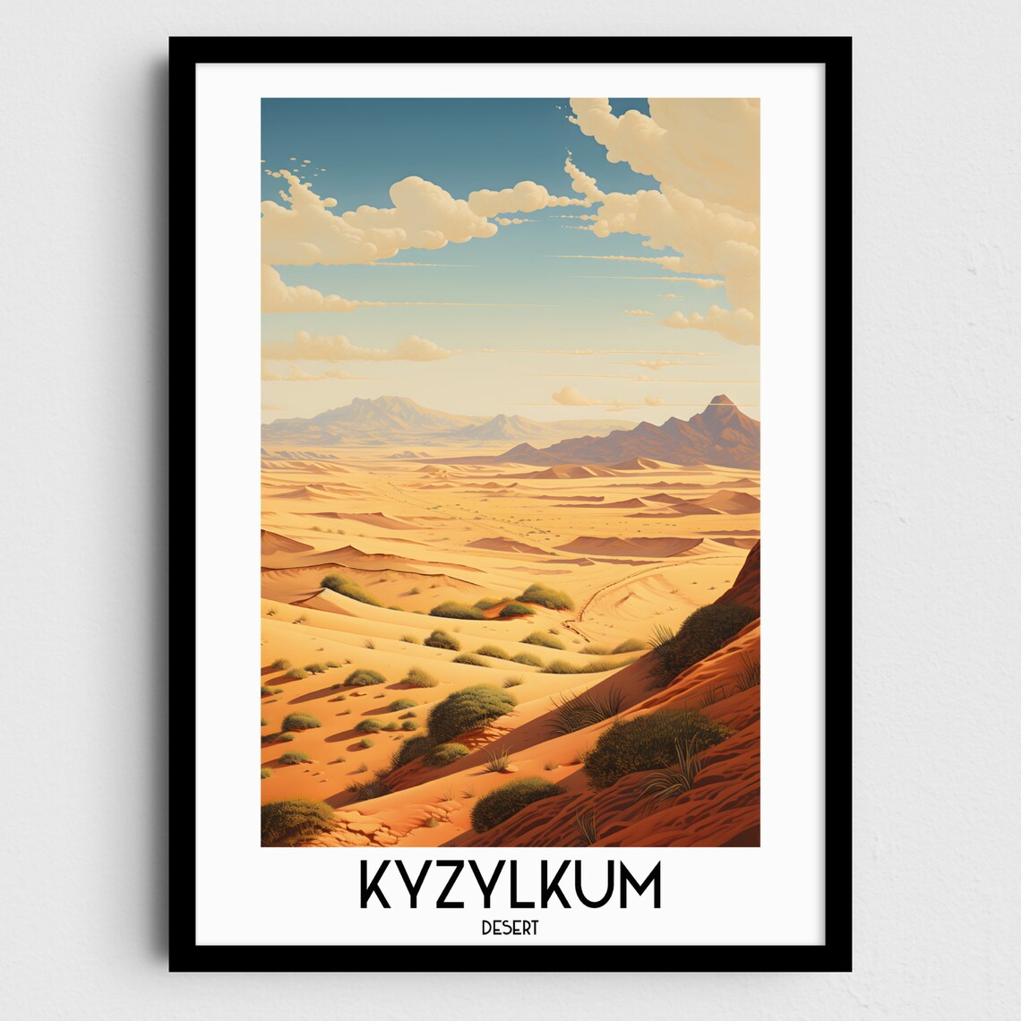 Kyzylkum Desert Endless Golden Sand Dunes Blue Mountains Travel Poster