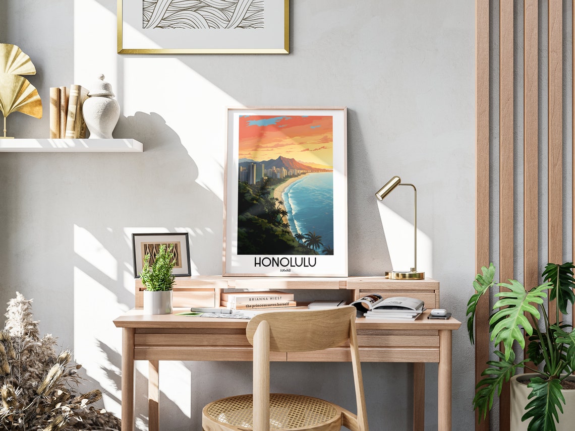 Honolulu Hawaii Diamond Head Waikiki Beach Sunset Surf Poster - Image 3