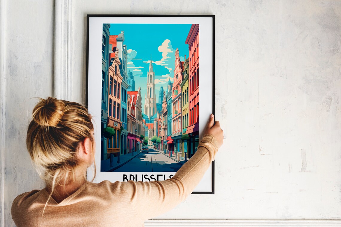 Brussels Belgium Historic Street Church Tower Vintage Travel Poster - Image 2