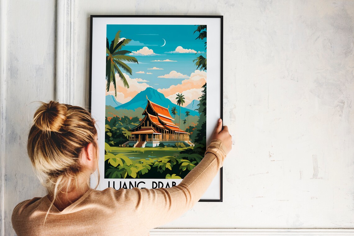 Luang Prabang Laos Golden Temple Mountain Jungle Scene Poster - Image 2