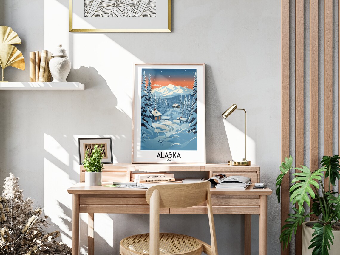 Alaska USA Snowy Cabin Mountain Winter Night Vintage Travel Poster - Image 3