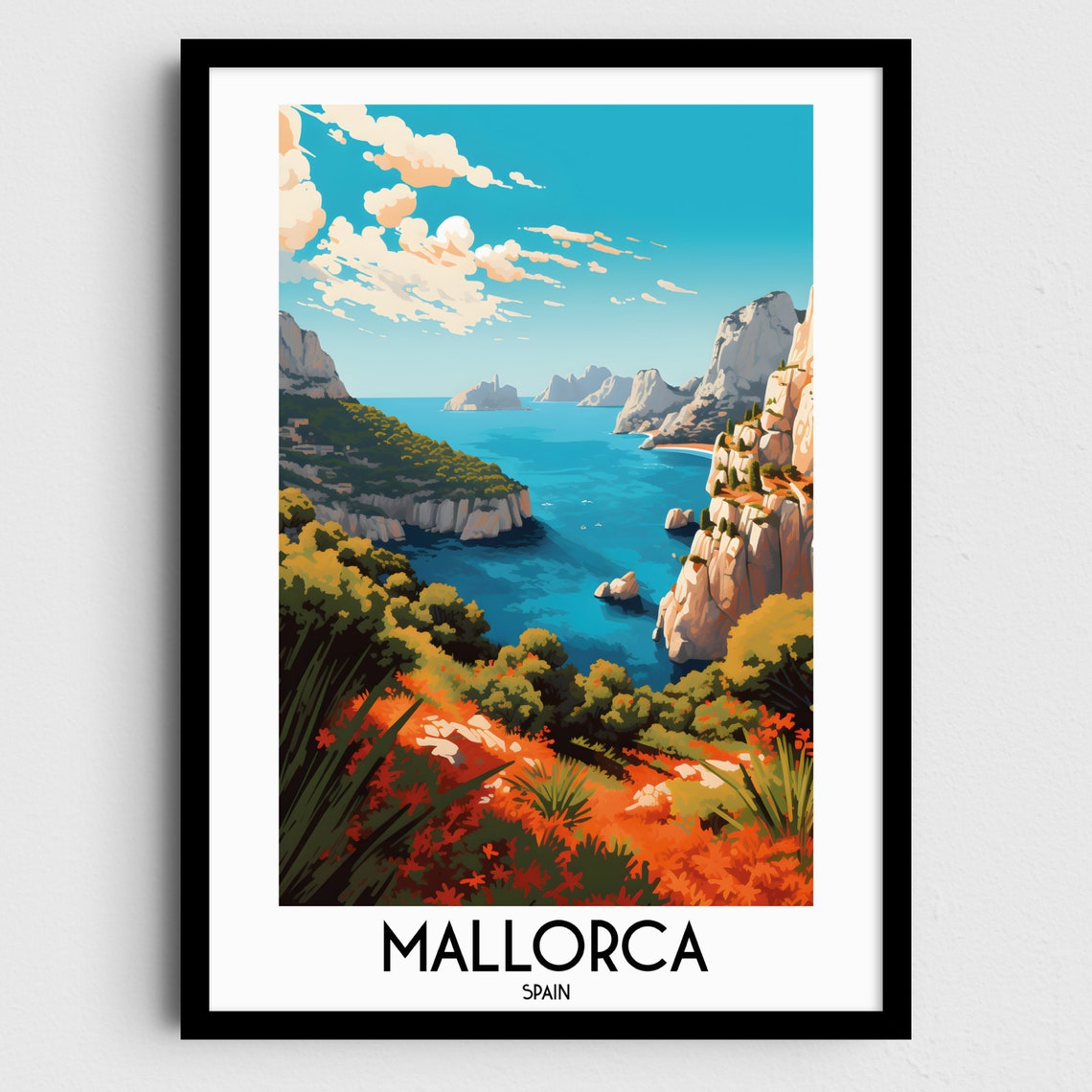 Mallorca Spain Turquoise Cove Rocky Cliffs Vintage Travel Poster